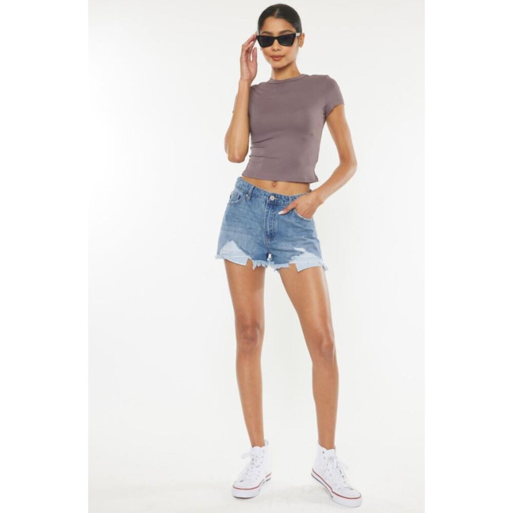 Kancan High Rise Medium Wash Frayed Hem Distressed Denim Shorts Zip Fly Sz 7/27